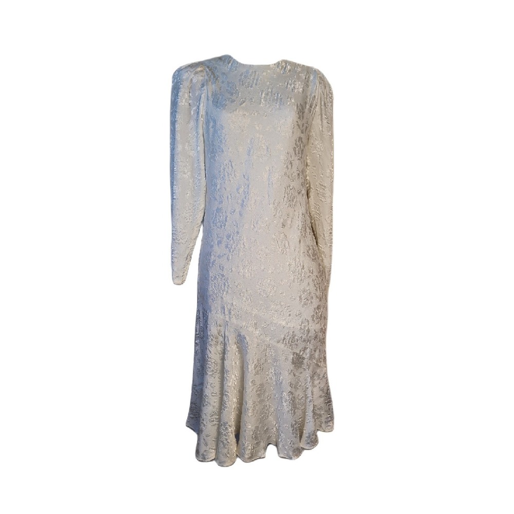 Vintage 60s 70s White‎ Brocade Ruffle Hem Puff Sleeve Midi Dress Bridal Size S/M